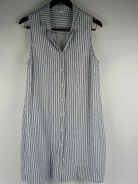 beachlunchlounge Blue and White Vertical Stripe Sleeveless Shirt Dress